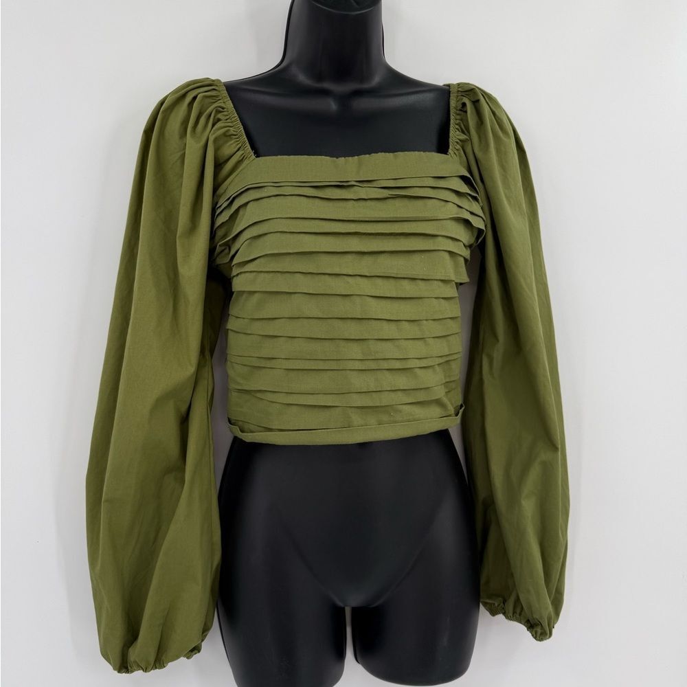 Abercrombie & Fitch Pleated Puff Sleeve Crop Top in Olive Green | Size Small